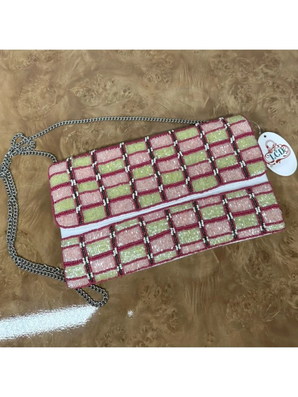 NWT/New LCD La Chic Designs Beaded Plaid Clutch Crossbody Bag Pink Green
